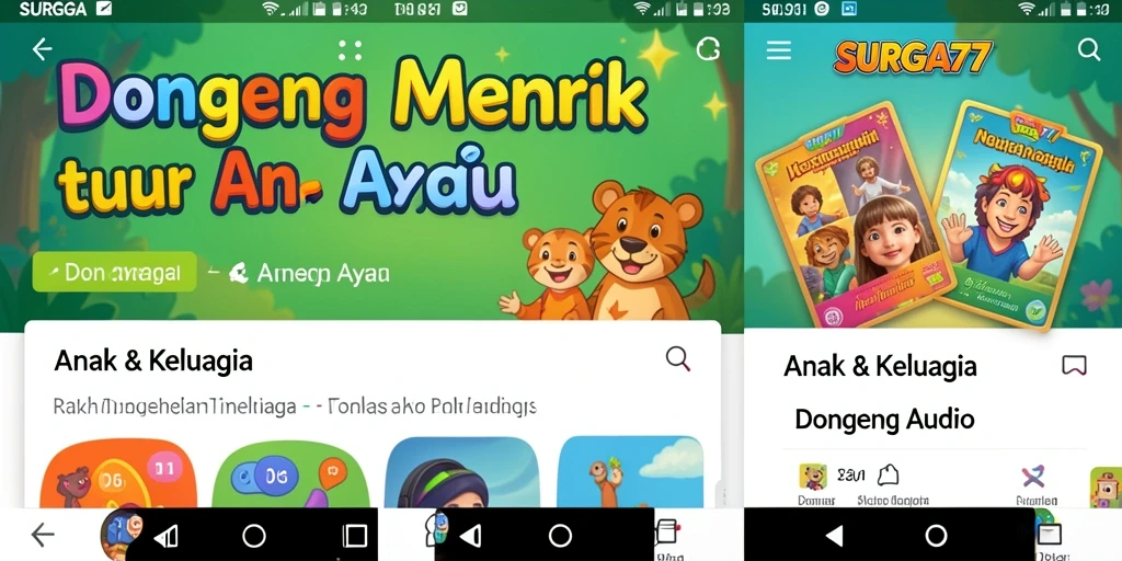 Tampilan antarmuka SURGA77 dengan pilihan Dongeng Audio yang menarik.